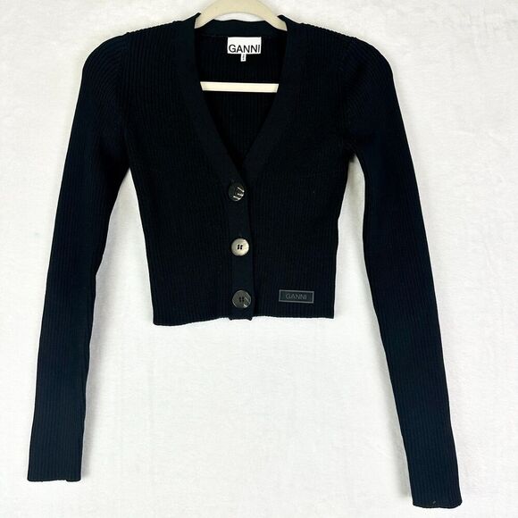 Ganni Melange Knit Cardigan Size XS Black Ribbed Minimalist Classic - Picture 3 of 8